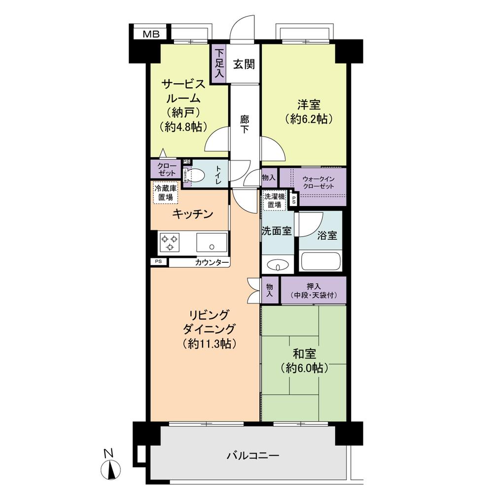 Floor plan. 2LDK + S (storeroom), Price 26,800,000 yen, Footprint 69 sq m , Balcony area 9.6 sq m 1 floor of the south-facing ・ Walk-in closet with