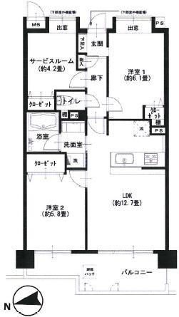 Floor plan. 2LDK + S (storeroom), Price 30,900,000 yen, Occupied area 61.74 sq m , Balcony area 9.8 sq m