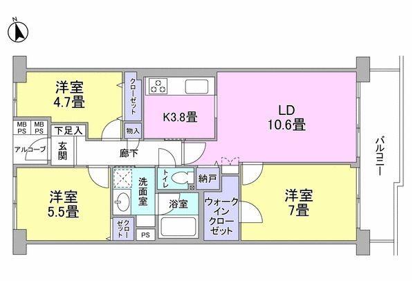 Floor plan. 3LDK, Price 29,900,000 yen, Occupied area 70.77 sq m , Balcony area 8.62 sq m