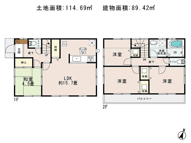 Floor plan. 44,800,000 yen, 4LDK, Land area 114.69 sq m , Building area 89.42 sq m