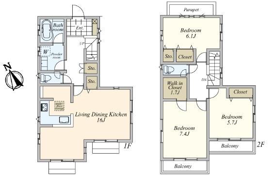 Floor plan. (1 Building), Price 46,800,000 yen, 3LDK, Land area 113.6 sq m , Building area 90.68 sq m
