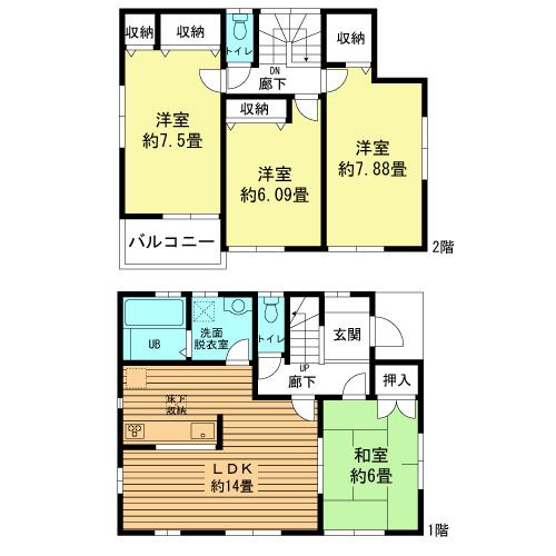 Floor plan. (6 Building), Price 45,800,000 yen, 4LDK, Land area 107.5 sq m , Building area 96.88 sq m