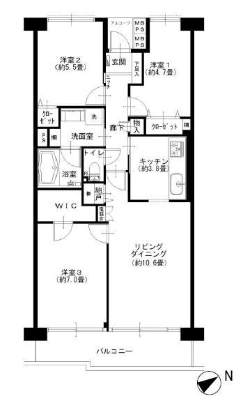 Floor plan. 3LDK, Price 29,900,000 yen, Occupied area 70.77 sq m , Balcony area 8.62 sq m
