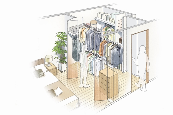 Proud Fuchu Toshiba town.  [Fit-in closet use example illustrations] Specification that combines the nice thing about normal closet and walk-in closet. Since the two-step structure you can use both the clothes of clothes and seasonal products you use every day