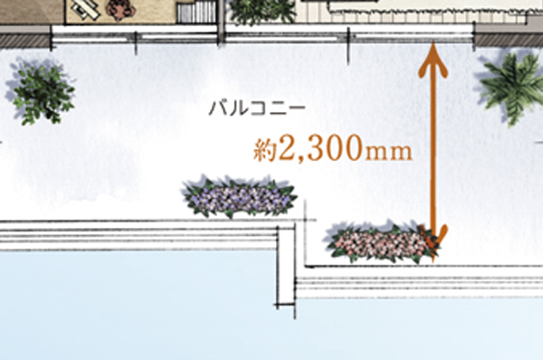  [Balcony reference illustrations] Breadth of depth is up to about 2.3m. Place the tables and chairs can be used on the terrace sense. Balcony does not become smaller at a houseplant