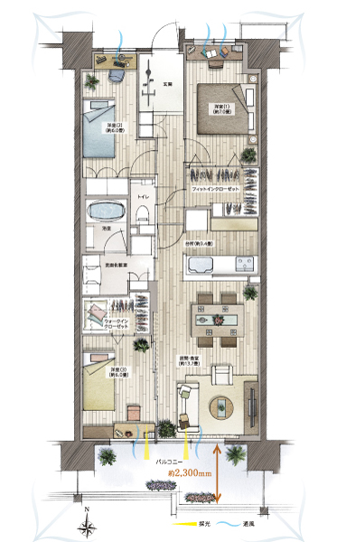  [Floor Plan (furniture arrangement example)] J type 3LDK + FIC + WIC occupied area 84.52 sq m  Balcony area About 12.82 sq m living and Western (3) can sliding door to open and about 20 tatami mats of space between the, Home party, etc. You can enjoy in a large number of people. FIC = fit-in closet WIC = walk-in closet