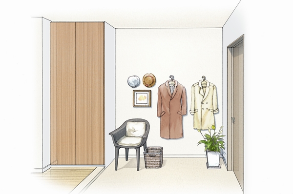  [Universal entrance use example illustrations 2] It is also less and less likely to panic before going out to get dressed space put a coat and hat. (Universal entrance is adopted in the occupied area 80 sq m or more dwelling units. Qr type except)