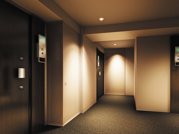 Features of the building.  [The inner corridor Rendering] Without being affected by the rain and wind, Peace of mind in terms of accidents and crime. Protect privacy even in the direction of further you live, It has adopted a large internal corridor of benefits.