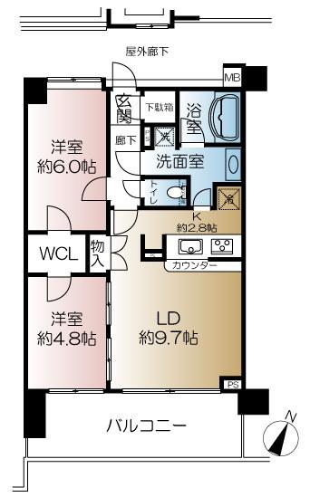 Floor plan. 2LDK, Price 23.8 million yen, Footprint 53.6 sq m , Balcony area 12.4 sq m