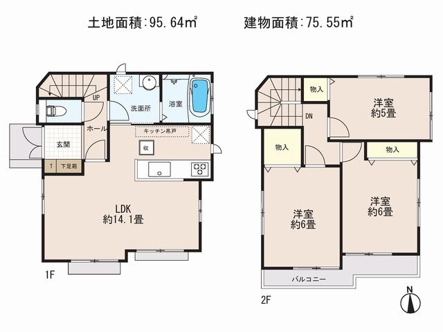 Floor plan. (D Building), Price 39,800,000 yen, 3LDK, Land area 95.54 sq m , Building area 75.55 sq m