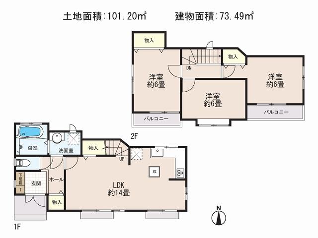 Floor plan. (B Building), Price 34,800,000 yen, 3LDK, Land area 101.29 sq m , Building area 73.49 sq m