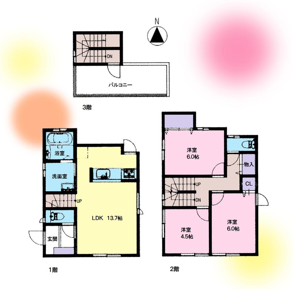 Floor plan. 35,900,000 yen, 3LDK, Land area 80.68 sq m , Spacious balcony to the building area 80.73 sq m 3 floor