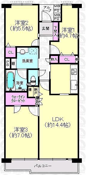 Floor plan. 3LDK, Price 29,900,000 yen, Occupied area 70.77 sq m , Balcony area 8.62 sq m 3LDK + WIC