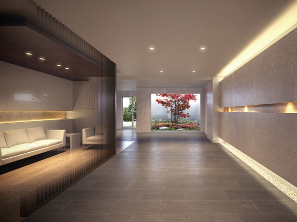 Shared facilities.  [Entrance Hall Rendering] Entrance Hall is to illuminate gently the entire space in the down light and indirect lighting, Produce a high-quality private space. Lounge incorporates the design of the sum of the vertical grid, Furthermore now prestigious relaxation of space.