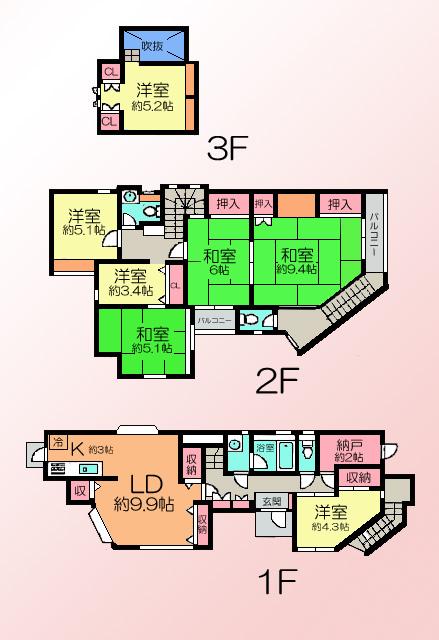 Floor plan. 31.5 million yen, 7LDK + S (storeroom), Land area 72.72 sq m , Building area 134.64 sq m