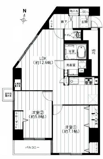 Floor plan. 2LDK, Price 24,900,000 yen, Occupied area 58.19 sq m , Balcony area 4.14 sq m