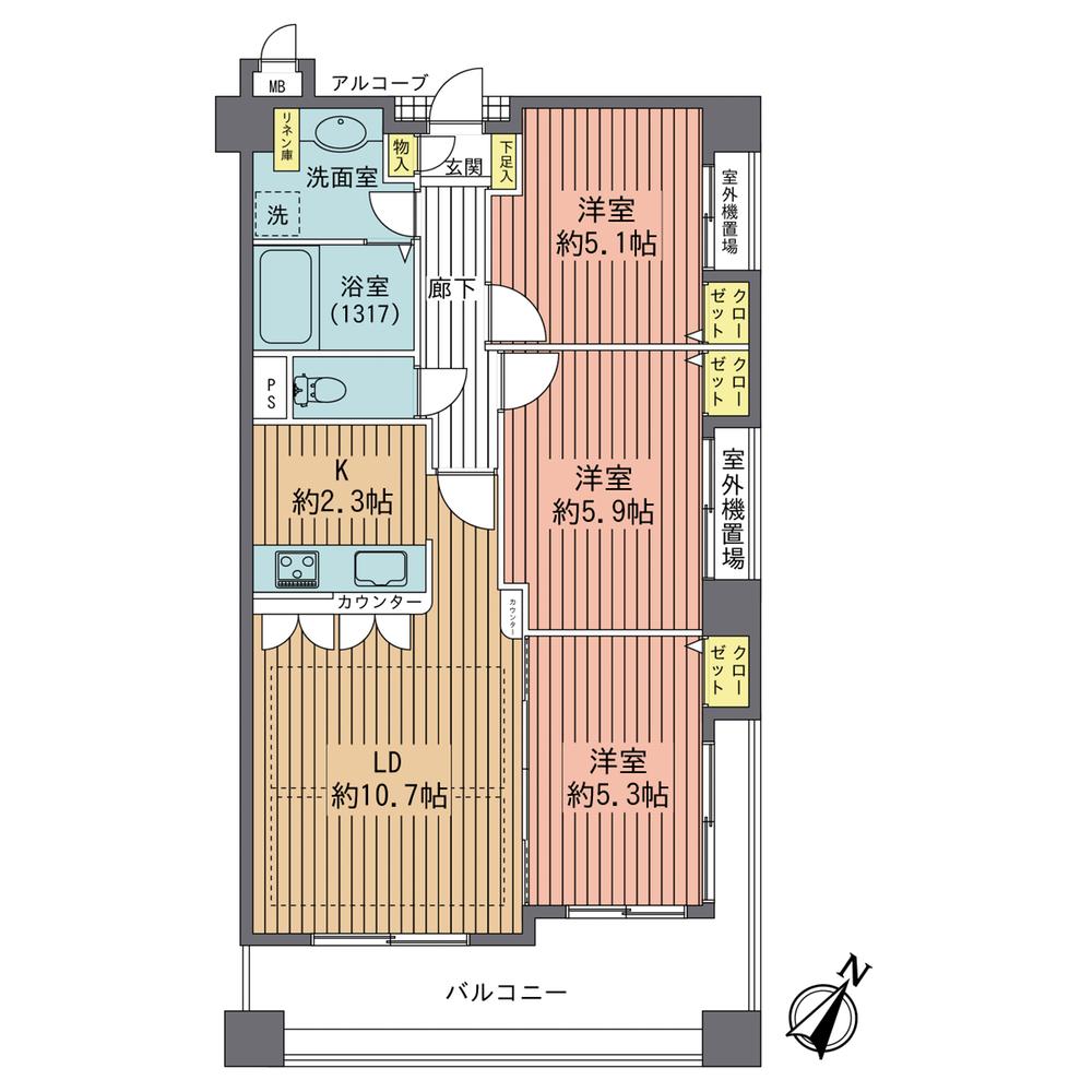 Floor plan. 3LDK, Price 18,800,000 yen, Occupied area 65.19 sq m , Balcony area 10.2 sq m