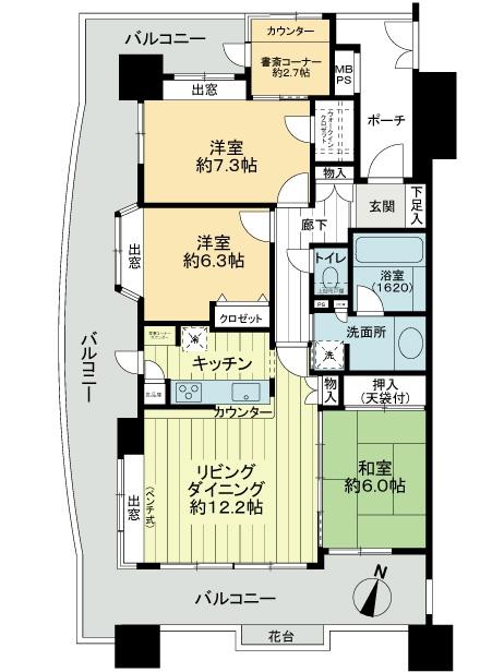 Floor plan. 3LDK + S (storeroom), Price 20.8 million yen, Occupied area 86.35 sq m , Balcony area 44.2 sq m Minamikaku room ・ Per diem view good