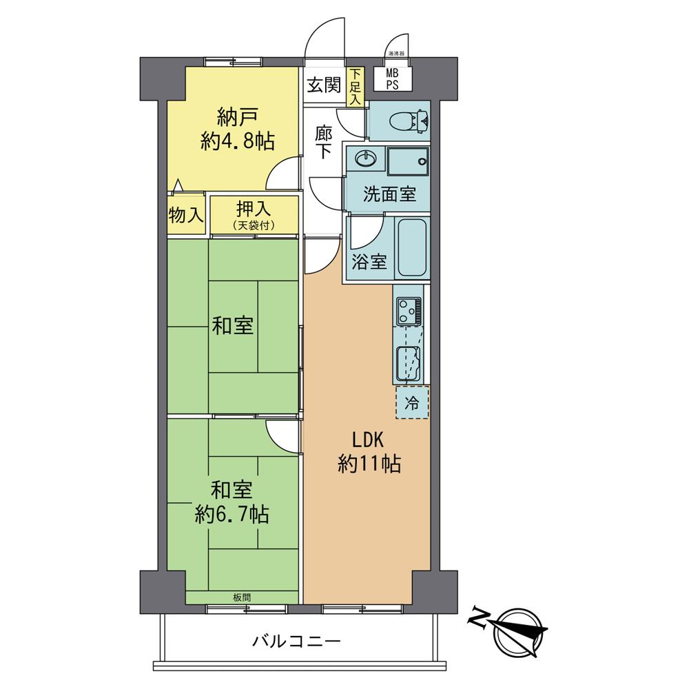 Floor plan. 3LDK, Price 13.8 million yen, Occupied area 63.45 sq m , Balcony area 6.2 sq m