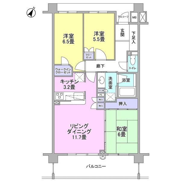Floor plan. 3LDK, Price 24,800,000 yen, Occupied area 75.22 sq m , Per balcony area 12.24 sq m southeast direction, Sunshine good
