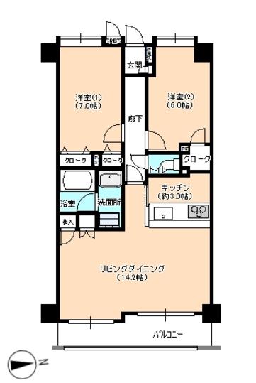 Floor plan. 2LDK, Price 19,800,000 yen, Occupied area 66.14 sq m , Balcony area 7.56 sq m