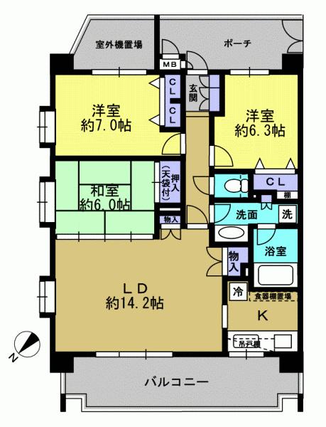 Floor plan. 3LDK, Price 25,300,000 yen, Occupied area 80.22 sq m , Balcony area 15.76 sq m northwest corner room.