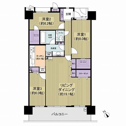 Floor plan. 3LDK, Price 39 million yen, Occupied area 97.81 sq m , Since you have changed the balcony area 16.4 sq m Japanese-style room in the living room, Large living was achieved.