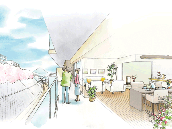 Interior.  [Balcony image illustrations] Daylighting ・ All houses facing south, which was blessed with ventilation. Balcony of a maximum depth of about 2.5m has created a further room to space. (B type ・ 7th floor)