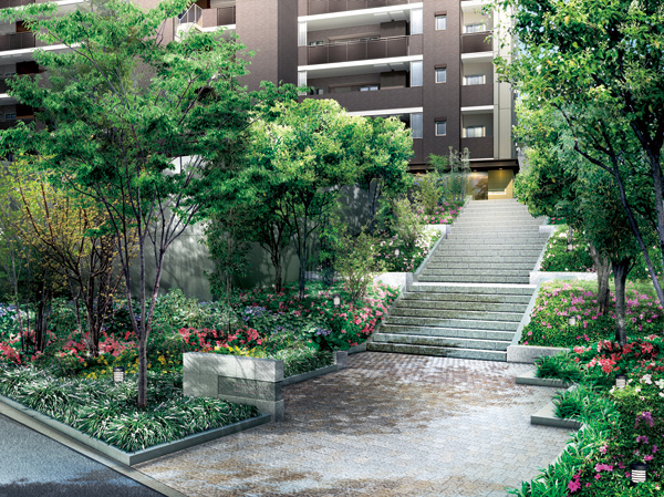 Buildings and facilities. The entrance approach with depth, Planting plan to enjoy the colors of seasonal flowers. Resonate in response to natural Asaka, To create a lush environment, Green to a site east of the park drew a landscape that leads to gradual. (Entrance approach Rendering CG)