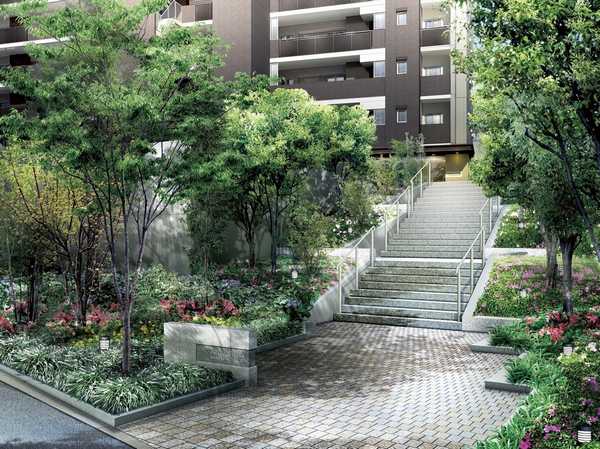 Entrance approach Rendering CG. It is in the place that was a little up from the Keio Sagamihara Line "Keio Horinouchi" of a 4-minute walk from the station road, Environment to look up the green is attractive