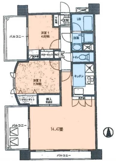 Floor plan. 2LDK, Price 25,800,000 yen, Occupied area 61.31 sq m , Balcony area 14.46 sq m