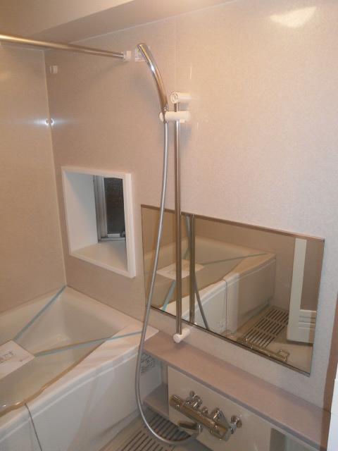 Bathroom. Thermo shower faucet, Bathroom with ventilation drying heater