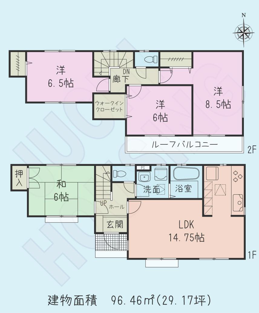 Floor plan. (1 Building), Price 32,800,000 yen, 4LDK, Land area 100 sq m , Building area 96.46 sq m