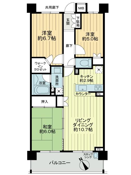 Floor plan. 3LDK, Price 24,800,000 yen, Occupied area 68.62 sq m , Balcony area 10.8 sq m