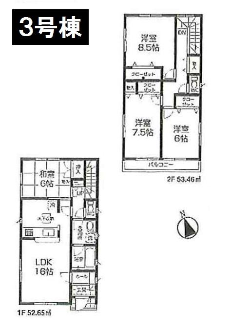 Floor plan. (3 Building), Price 21,800,000 yen, 4LDK, Land area 187.46 sq m , Building area 106.11 sq m