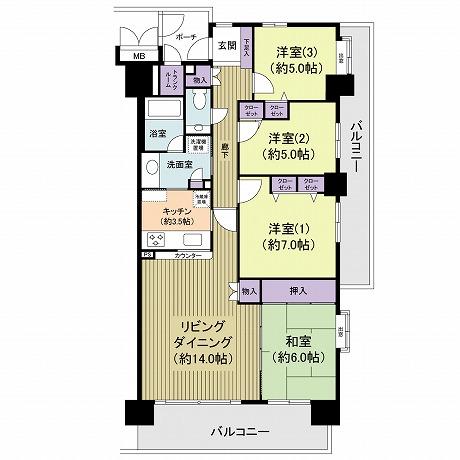 Floor plan. 4LDK, Price 29,800,000 yen, Footprint 90.3 sq m , Balcony area 23.22 sq m southeast corner room, Two-sided balcony of charm room