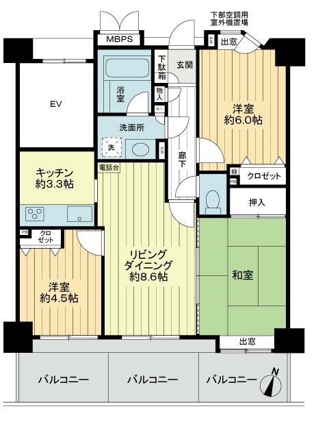 Floor plan. 3LDK, Price 22,900,000 yen, Occupied area 62.89 sq m , Balcony area 15.34 sq m south three rooms wide span, Floor plan