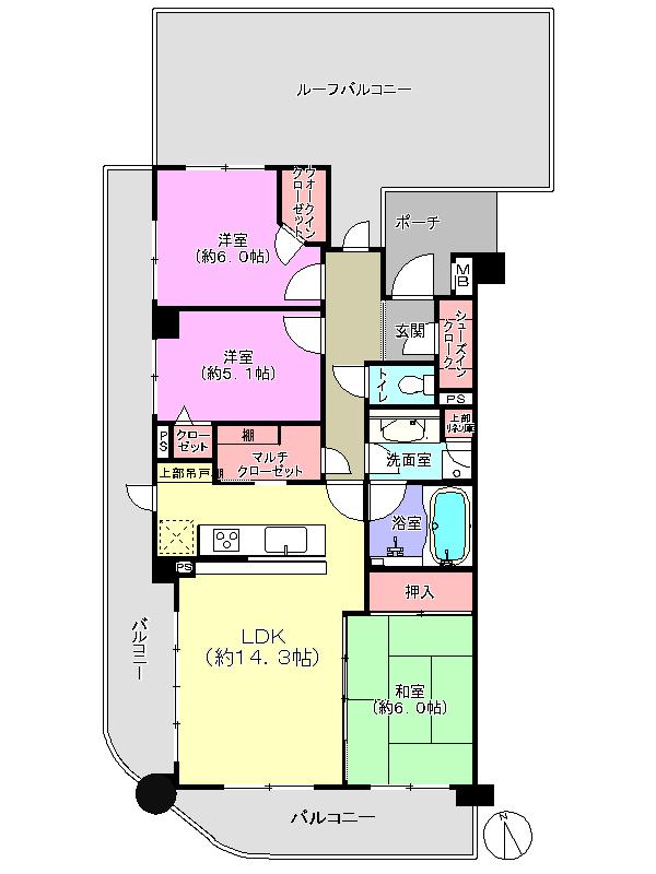 Floor plan. 3LDK, Price 36,800,000 yen, Occupied area 77.81 sq m , Balcony area 24.63 sq m