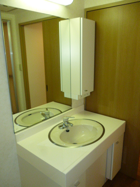 Washroom. Wash basin with a large mirror