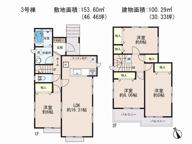 Floor plan. (3 Building), Price 23.8 million yen, 4LDK, Land area 153.84 sq m , Building area 100.29 sq m