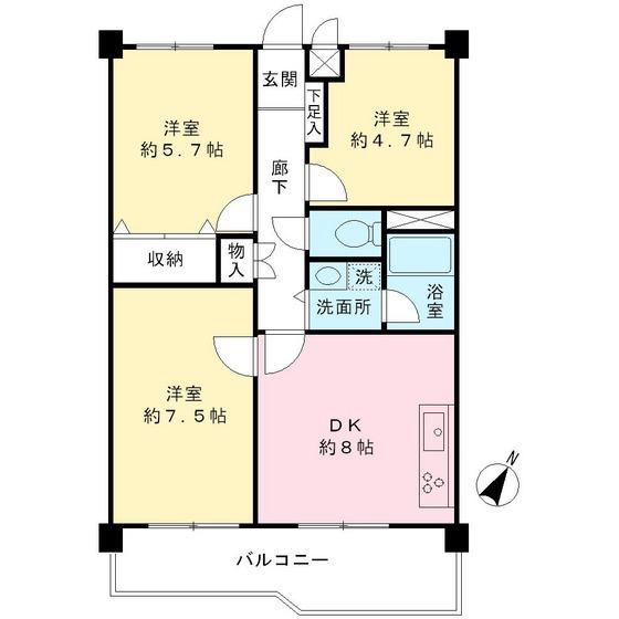 Floor plan. 3DK, Price 6.5 million yen, Footprint 56.7 sq m , Balcony area 8.45 sq m