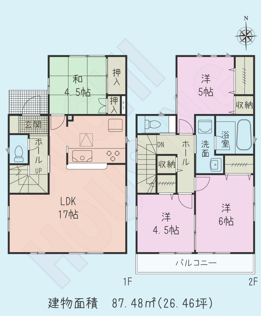 Floor plan. (1 Building), Price 34,800,000 yen, 4LDK, Land area 105.38 sq m , Building area 87.48 sq m