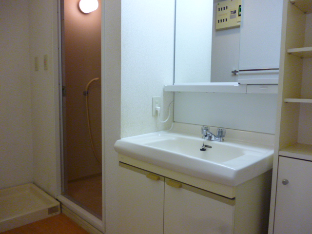 Washroom. Spacious washroom. There is also a storage also rich shelf.