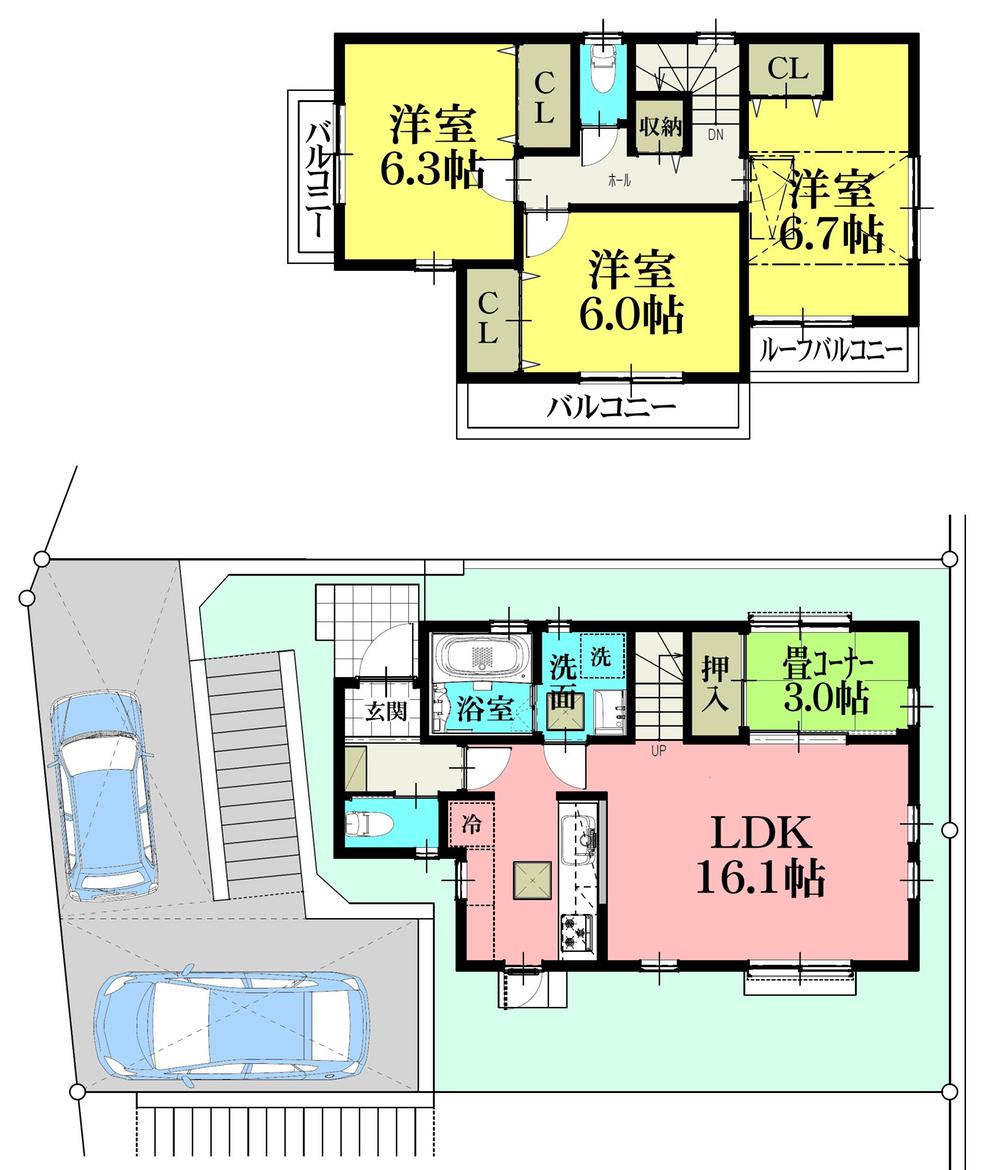 Compartment view + building plan example. Building plan example (No.5) 4LDK, Land price 26,800,000 yen, Land area 125.01 sq m , Building price 11,060,000 yen, Building area 90.1 sq m