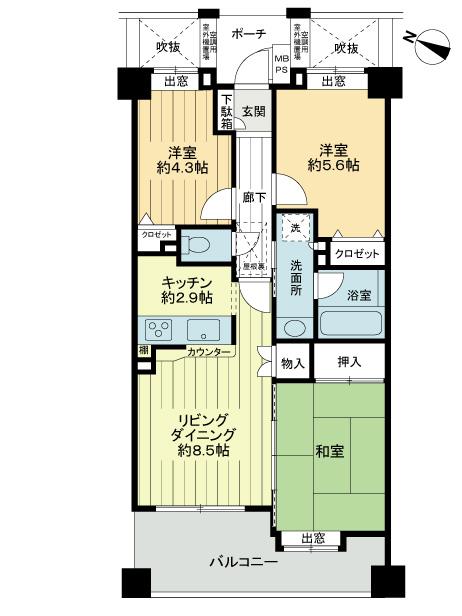 Floor plan. 3LDK, Price 19.9 million yen, Occupied area 61.38 sq m , Balcony area 8.35 sq m