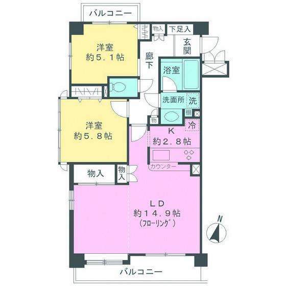 Floor plan. 2LDK, Price 19,800,000 yen, Occupied area 65.28 sq m , Balcony area 8.5 sq m