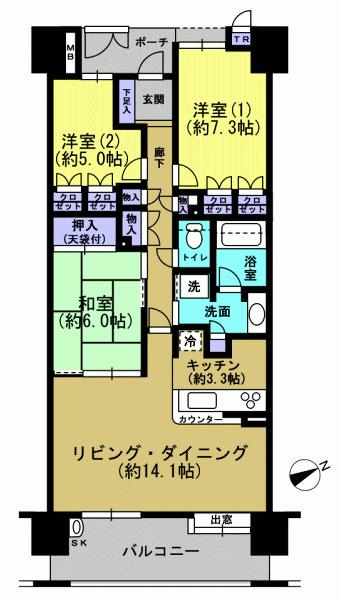 Floor plan. 3LDK, Price 30,800,000 yen, Occupied area 81.26 sq m , Balcony area 12.8 sq m