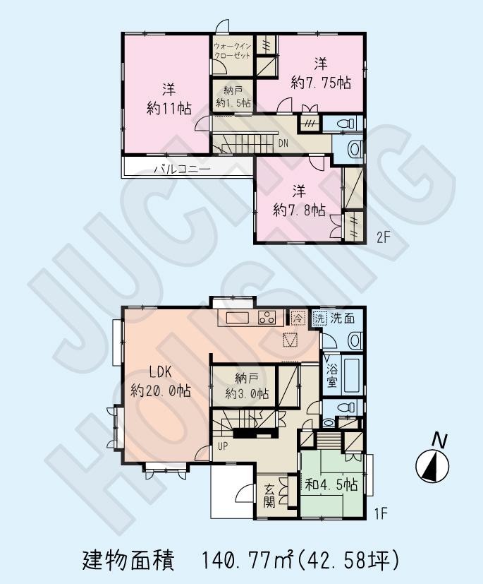 Floor plan. 35,800,000 yen, 4LDK + S (storeroom), Land area 187.59 sq m , Building area 140.77 sq m large 4SLDK + WIC × 2 building area 140 sq m or more