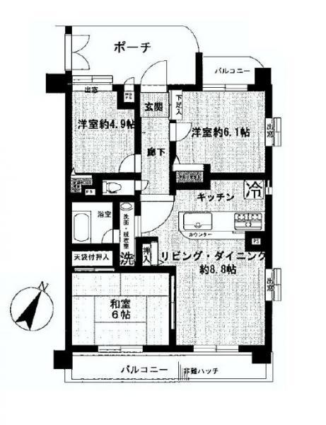 Floor plan. 3LDK, Price 19.5 million yen, Footprint 62.1 sq m , Balcony area 12.7 sq m