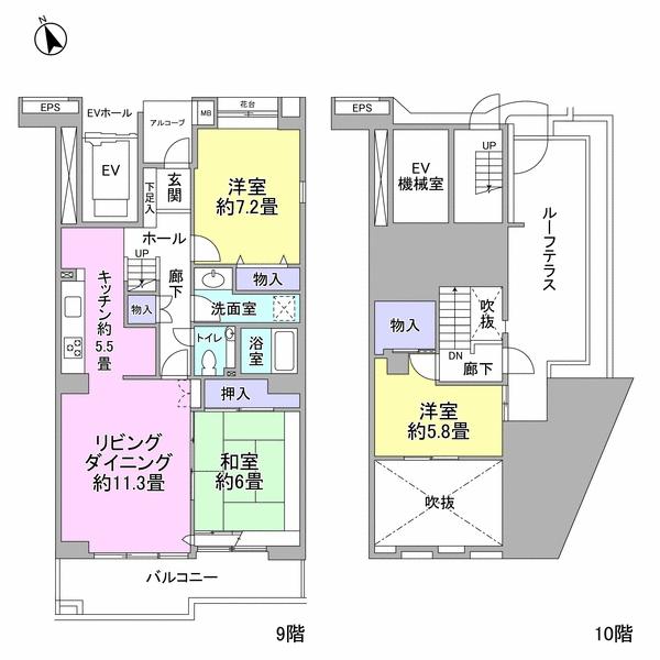 Floor plan. 3LDK, Price 29,800,000 yen, Occupied area 93.49 sq m , Balcony area 11.44 sq m 9 floor ・ 10 floor maisonette